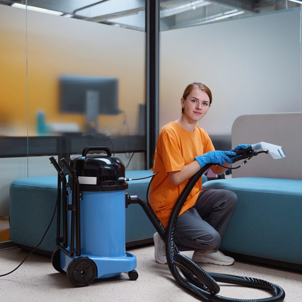 Young female janitor holding an upholstery vacuum-cleaner while sitting on haunches beside the sofa and looking at the camera